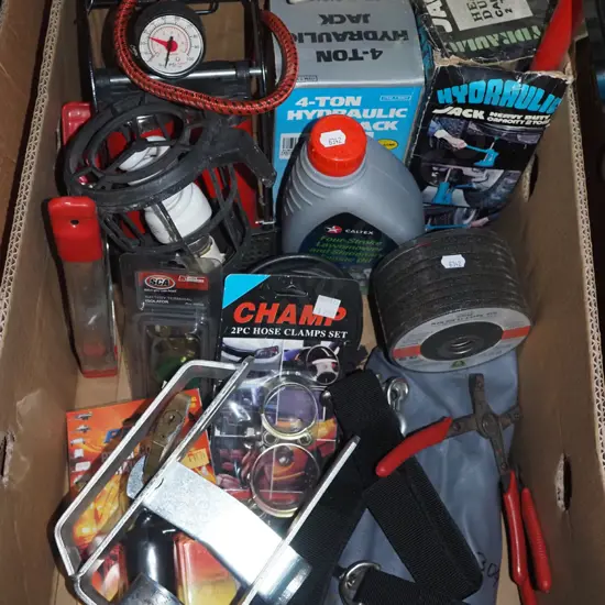 box; bottle jack, foot pump, grinder discs etc