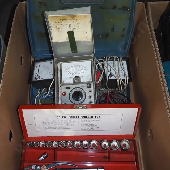 box; part socket wrench set, amp meters