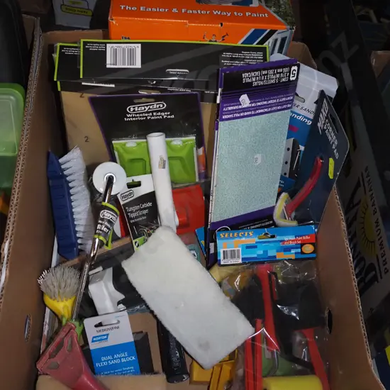 box; sand papers, paint rollers, scrubbing brushes etc