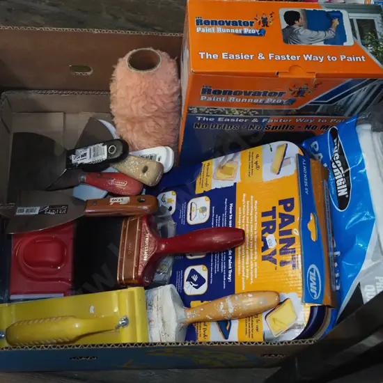 box; painters gear, drop cloth, brushes, scrapers etc