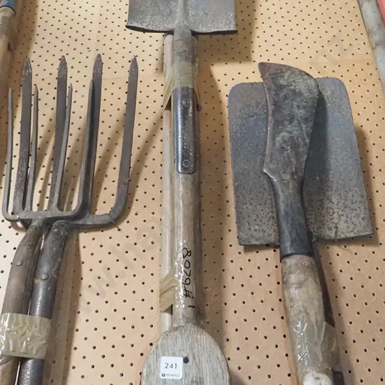 pitch fork, cultivator, wooden handled spade