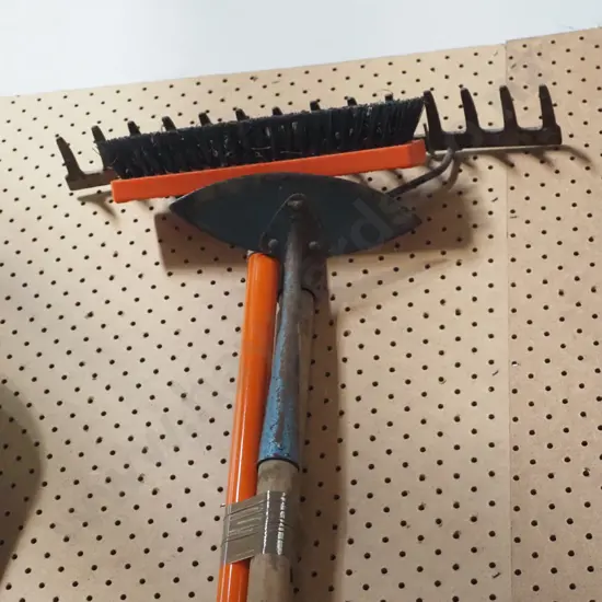 rake, hoe, scrubbing brush