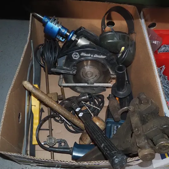 box; electric drill, hammer, circular saw, ear muffs etc