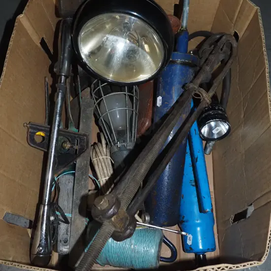 box; trouble light, grease gun, torch etc