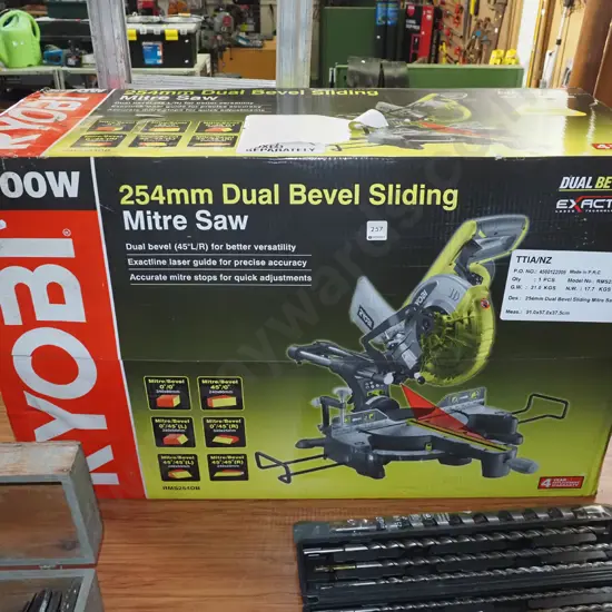 as new Ryobi 254mm dual bevelled sliding mitre saw - stand not included