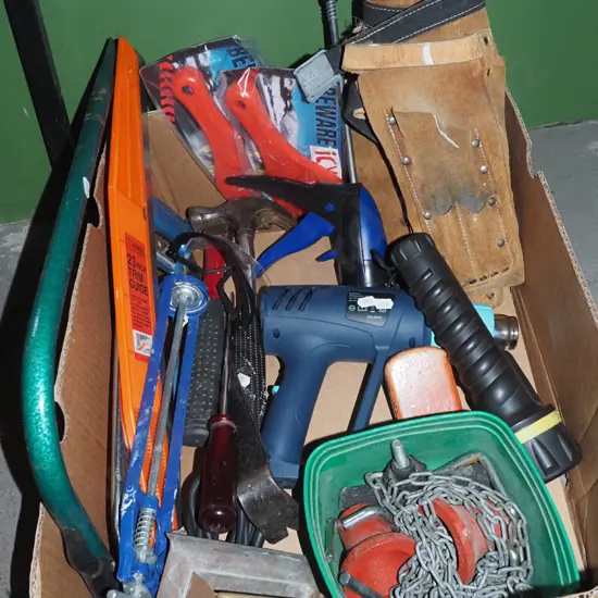 box; torch, heat gun, builders belt etc