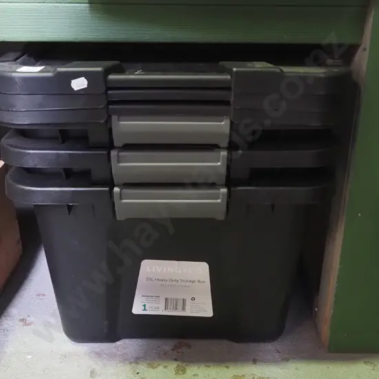 3x 55L heavy duty lidded storage boxes