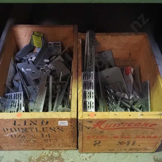 2x nail plates and contents, joist hangers, nail plates, bolts, nuts etc - red dots