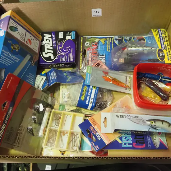 box; fishing lures, hooks, swivels etc