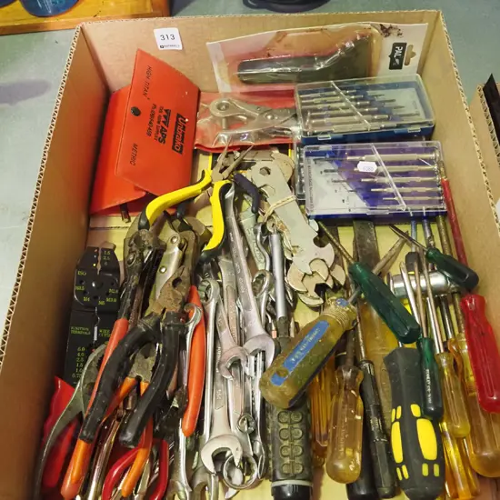 box; screwdrivers, pliers, vice grip setc