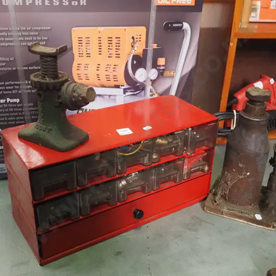 2x bottle jacks, small metal and plastic organiser and contents
