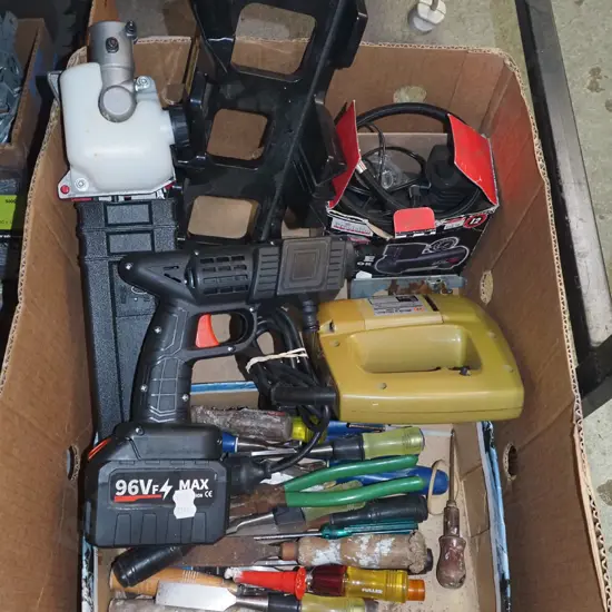 box; jigsaw, tyre inflater, chisels, battery powered inline pressure washer - no charger etc