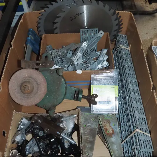 box; nail plates, saw blades, gate hinges etc