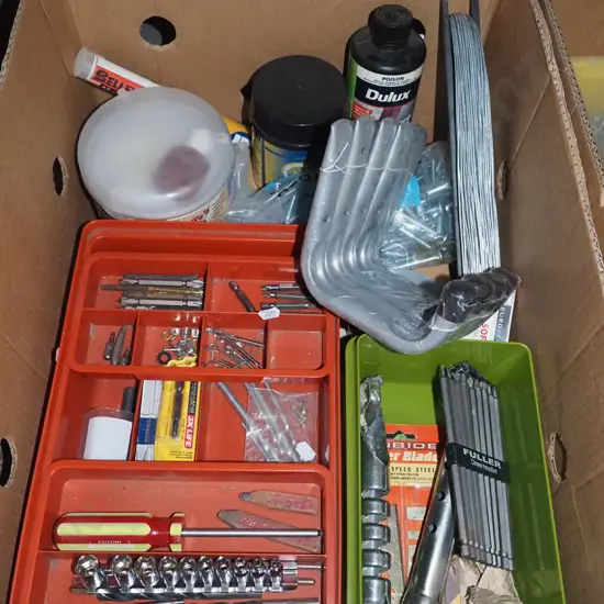 box; wall hooks, paint scrapers, builder's bog etc