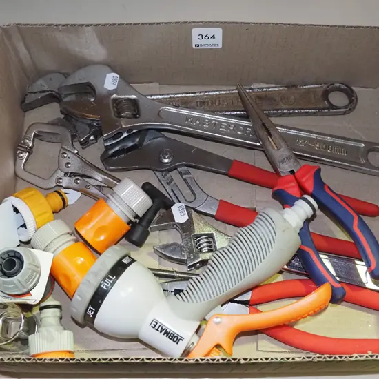 box; crescents, pliers, hose fittings etc