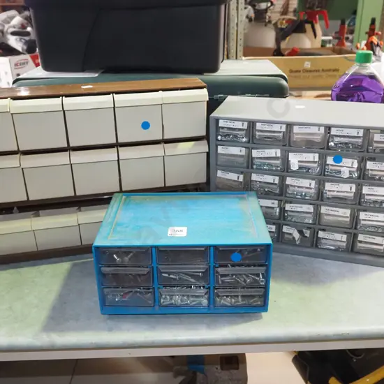 3x plastic workshop organisers and contents; screws, nails etc