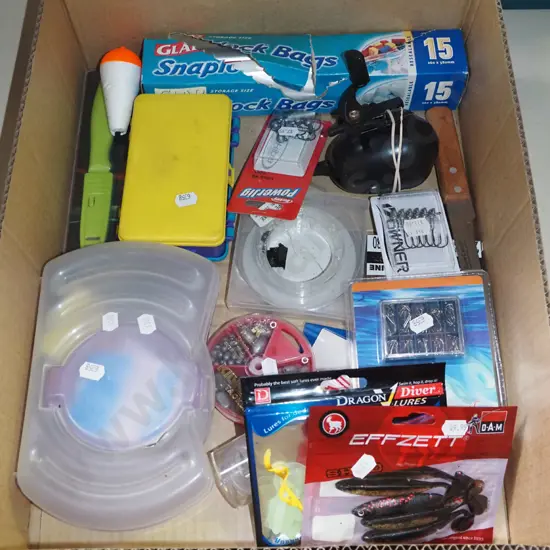 soft baits, sinkers, reel, knife etc