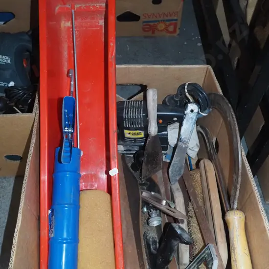 box; caulking gun, wallpaper trough, orbital sander etc