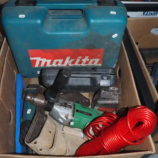 box; plastic drill, clothesline, angle grinder etc