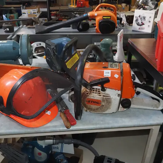 Stihl chainsaw, hard hat visor, files