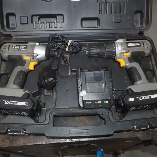 cased Rockwell 18V drill and impact driver set - 2batteries, 1 charger
