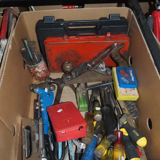 box; chisels, pop riveter, socket sets etc