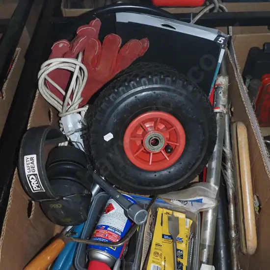 box; drill bits, ear muffs, gloves etc