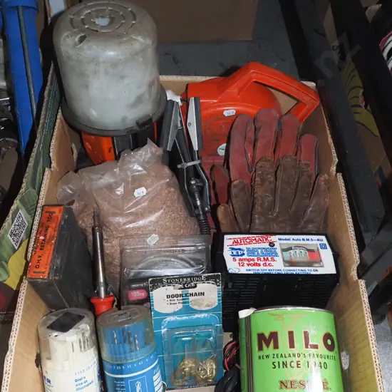 box; drill bits, gloves, extension cords, battery charger etc