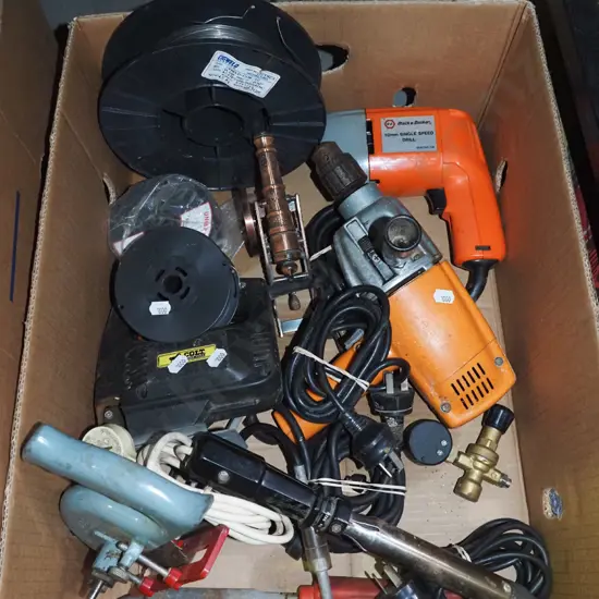box; drills, jigsaw, soldering iron, welding wire etc