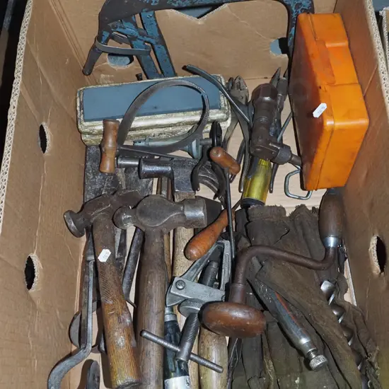 box; hammers, brace, auger bits etc