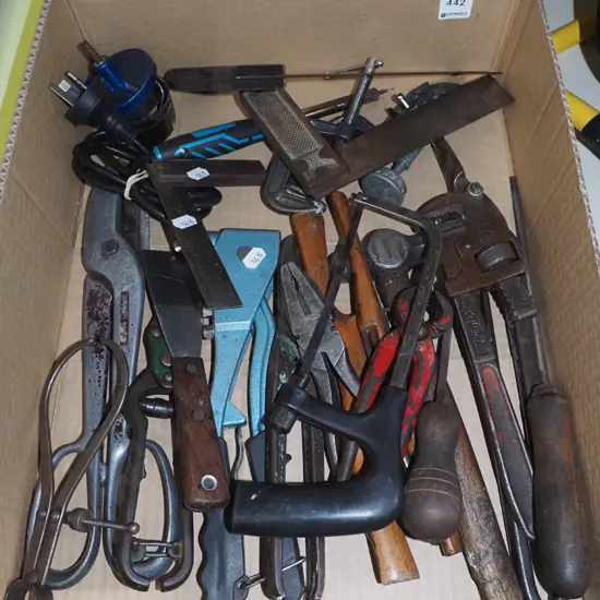 box; plumbers stilsons, builders square, tin snips etc