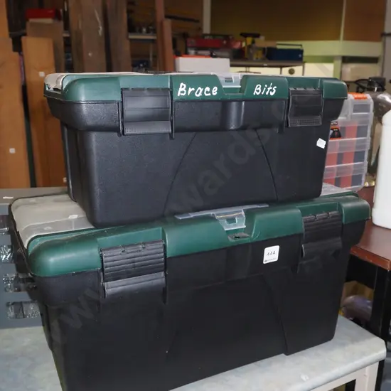 2x green and black plastic tool boxes