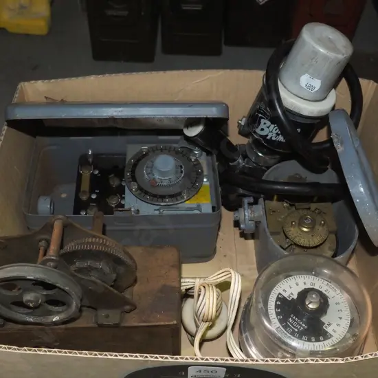 box; electric meters, vintage electric motor, keg pump