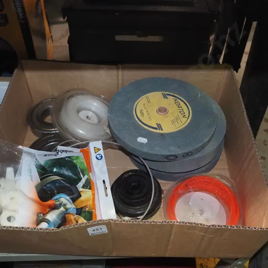 box; large ball bearings, weed eater line, sharpening stones