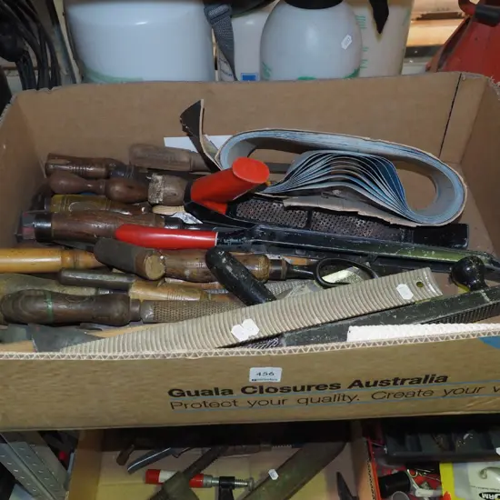 box; vintage chisels, rasps, files, belt sander belts