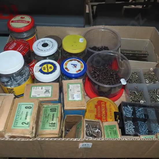 box of numerous screws and door hinges
