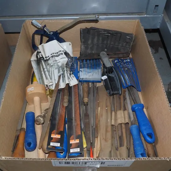 box; files, woodworkers gauge, oiler etc