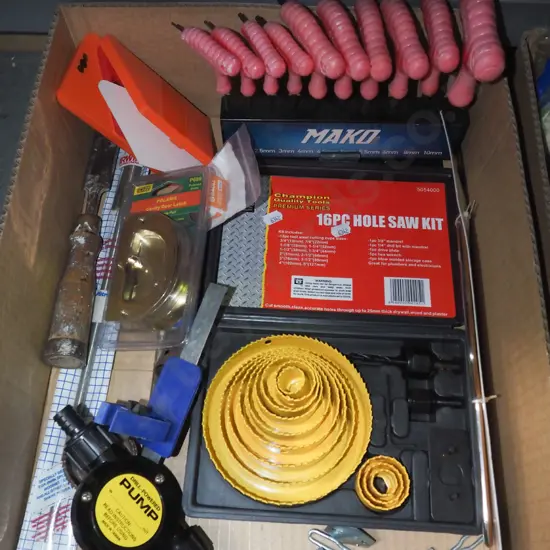 box; hole saw set, hex key set, drill powered pump etc