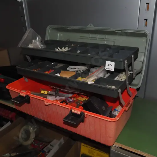 tool box of fasteners, craft knife blades
