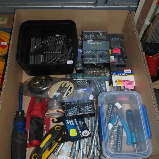 box; screwdrivers, allen keys, screws etc