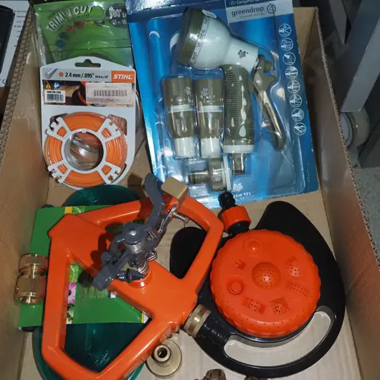 box; garden hose, sprinklers, hose attachment