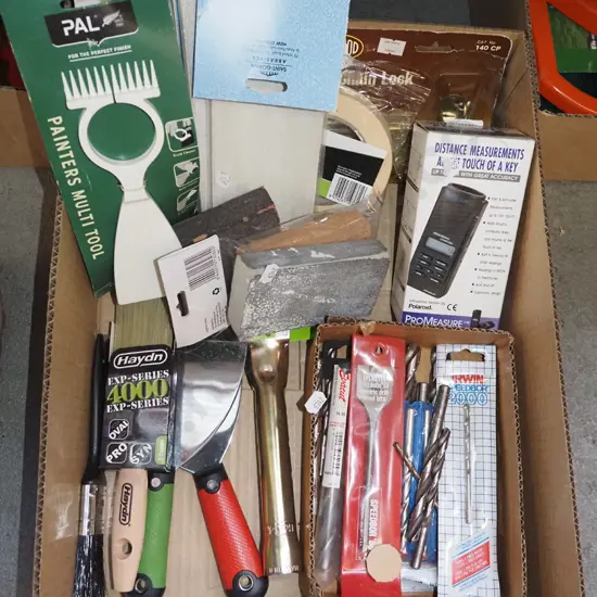 box; sand paper, hand sander, paint brushes, drill bits etc