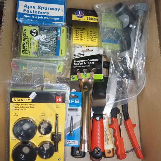 box; rivets, hole saw set, paint scraper etc