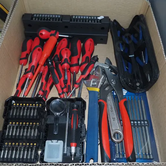 box; various drill drivers, screwdrivers, crescents etc