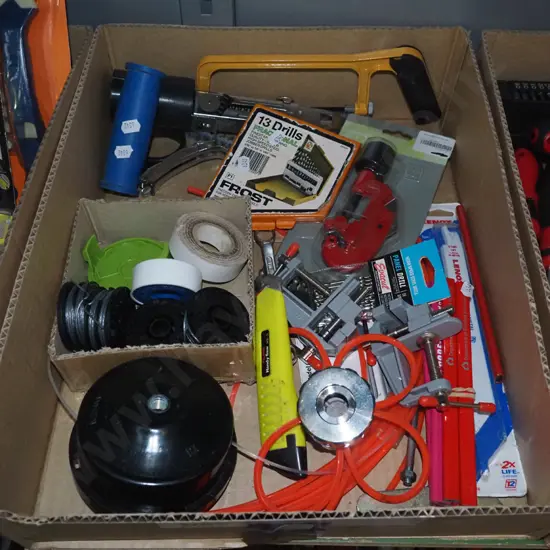 box; line trimmer heads, small pipe cutter, drill bits etc