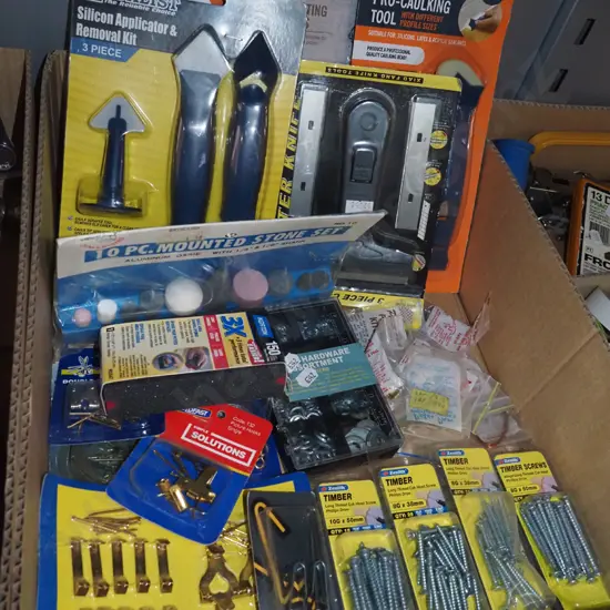 box; timber screws, silicon applicator kit etc
