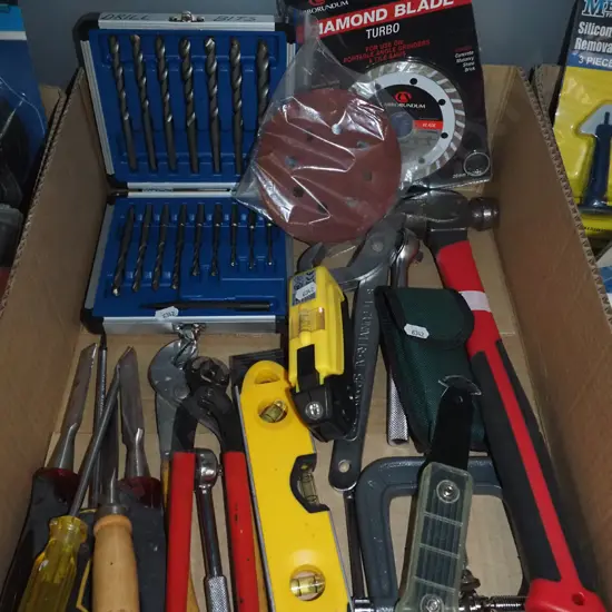 box; drill bits, plumbers, wrench, large ball peen hammer etc