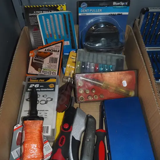 box; dent puller, screwdrivers, hose clamps, drill bits etc