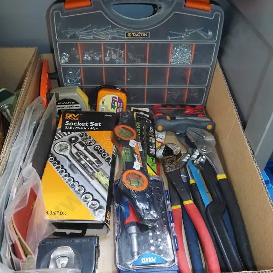 box; plumbers wrench, small socket set etc