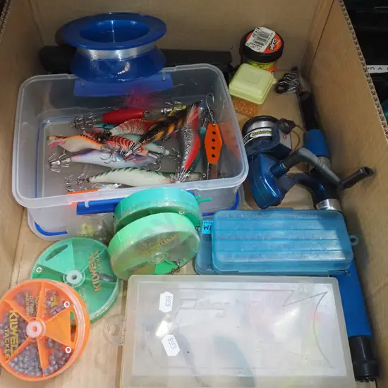 box; fishing gear; rods, lures, lines etc